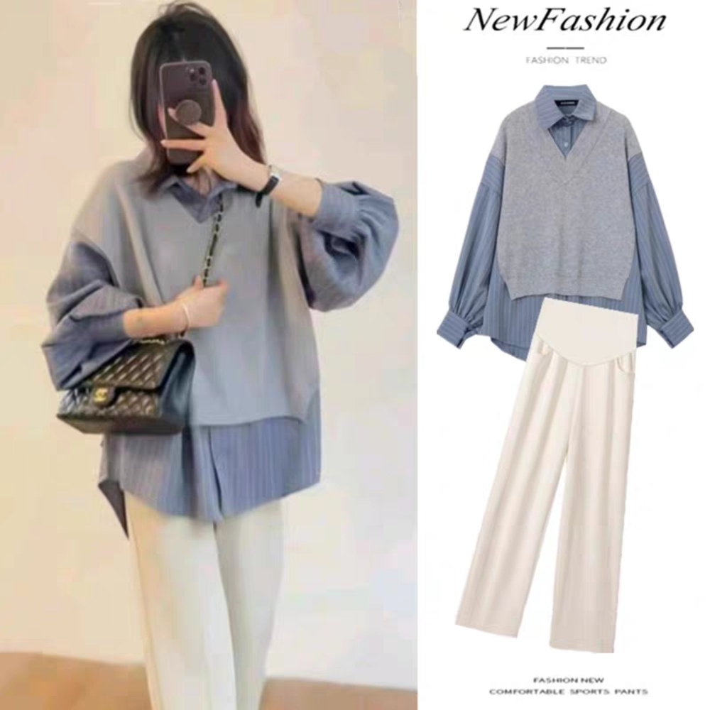 Blue and Gray Layered Blouse with Cream Pants